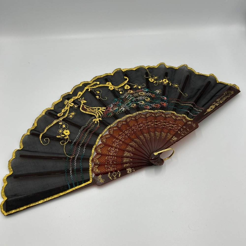 Vintage Embroidered Black Fabric Asian Fan With Colorful Peacock
